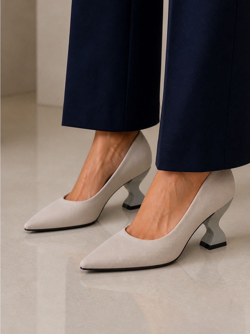 iRi Sculpted-Heel Pointed Pumps in Light Gray